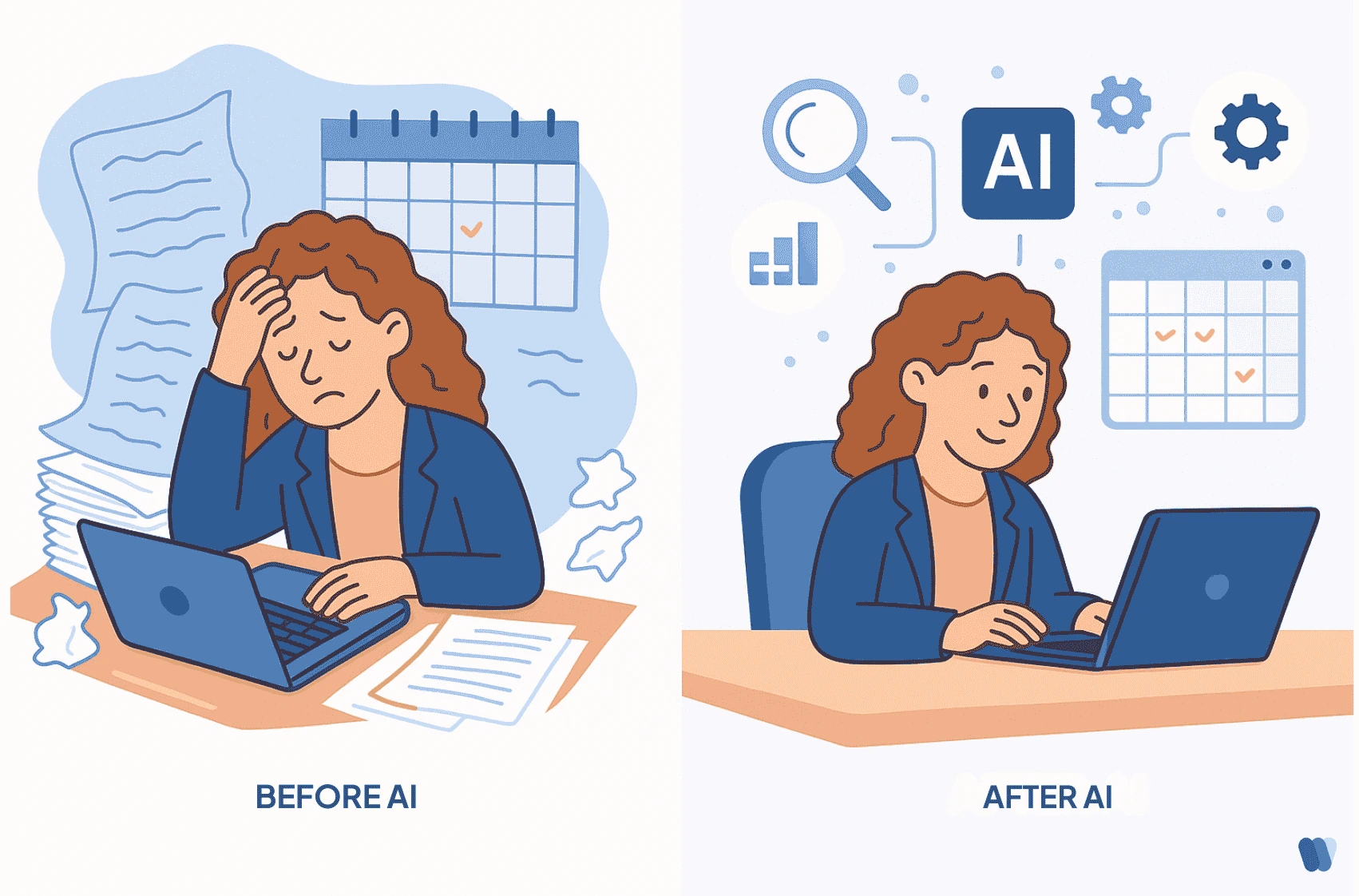 before-and-after-ai-content-workflow-woman-stressed-vs-productive-with-ai-tools-and-calendar