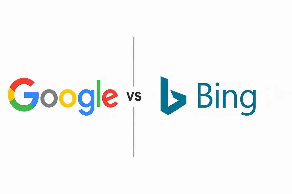 Logos of Google and Bing side by side representing SEO ranking criteria differences