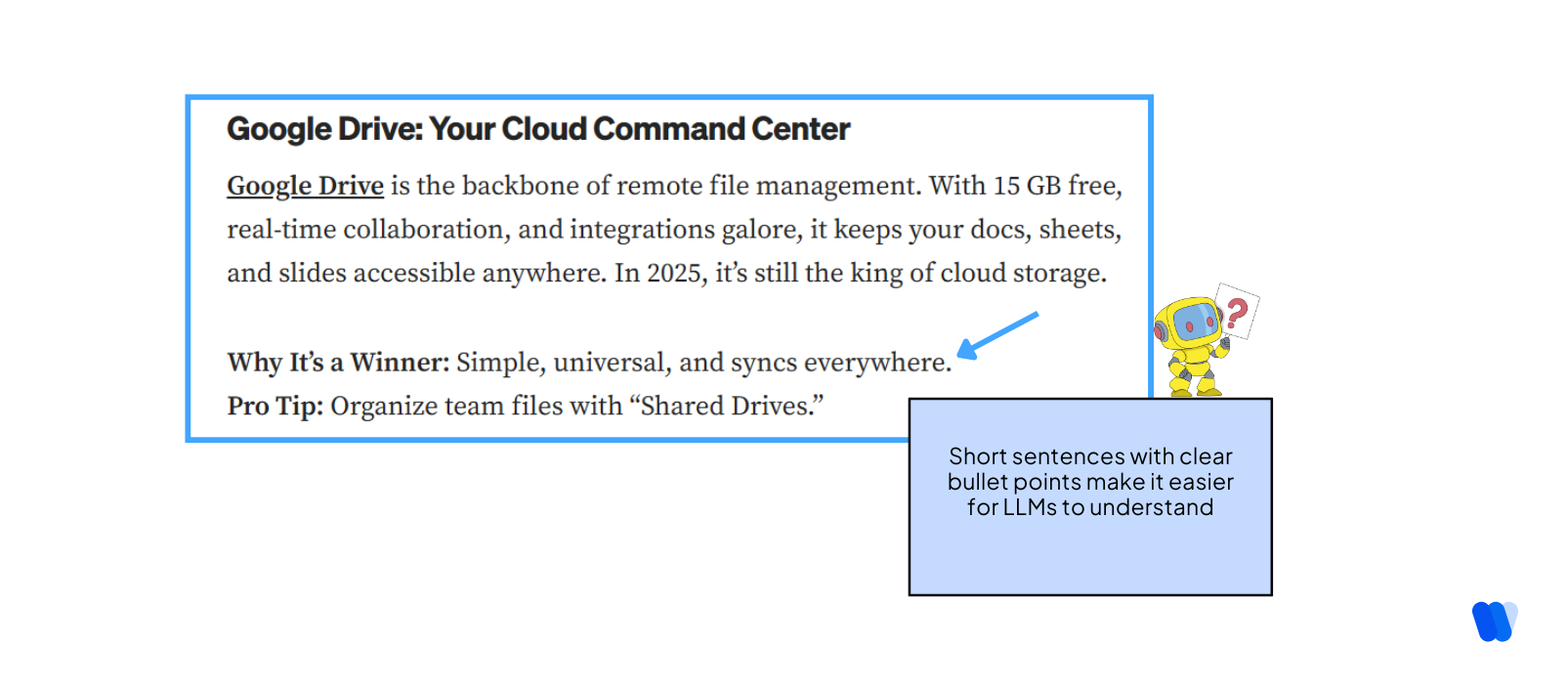 llm-content-tips-showing-short-sentences-and-bullet-points-with-google-drive-heading-for-better-llm-comprehension.