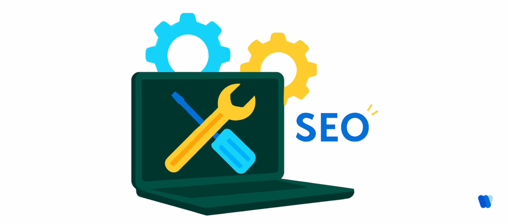 Illustration of SEO tools with laptop, representing technical SEO ranking factors