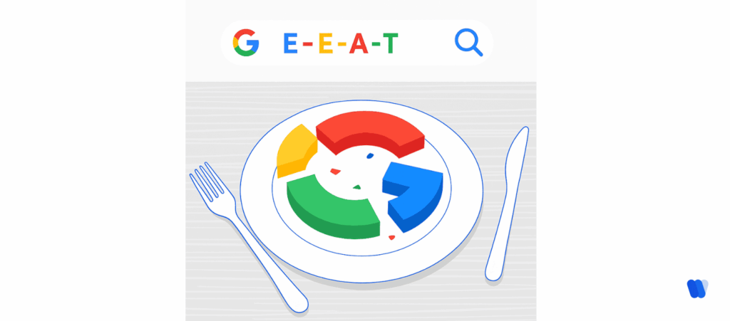 Illustration of Google E-E-A-T framework with pie chart, representing trust and authority