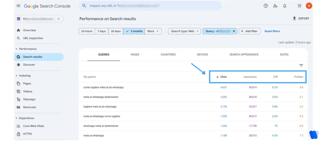 google-search-console-seo-query-filter-applied-to-exclude-brand-keyword-showing-non-branded-clicks-impressions-ctr-and-positions