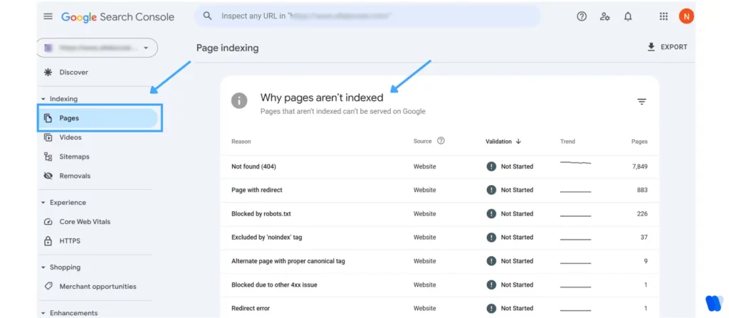 google-search-console-page-indexing-report-listing-seo-issues-like-404-errors-redirects-noindex-tags-and-robots-txt-blocks-affecting-indexing