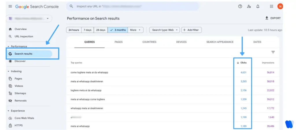 google-search-console-seo-performance-report-sorted-by-clicks-showing-top-search-queries-driving-traffic-over-3-months