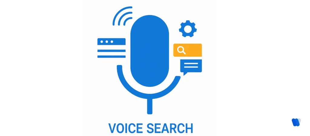 Voice search optimization illustration with microphone icon representing local SEO and NLP