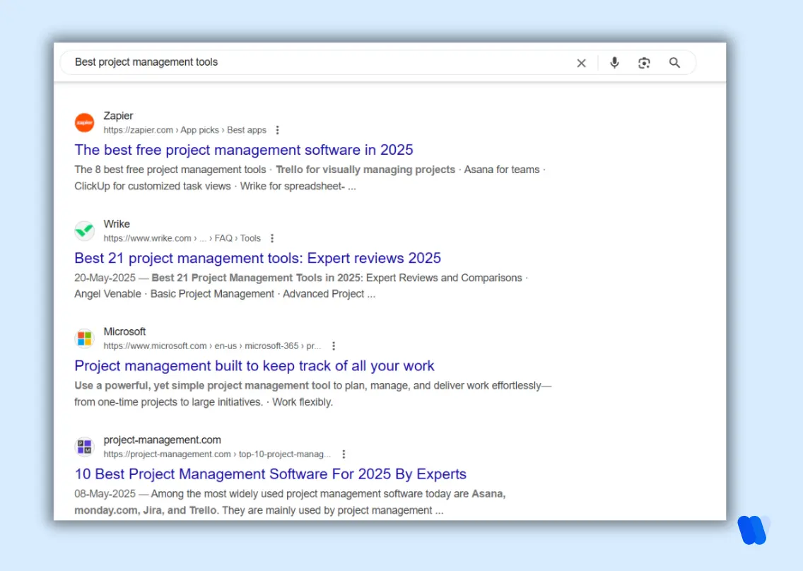 google-search-results-showing-top-ranking-pages-for-best-project-management-tools-in-2025-to-depict-infromational-intent