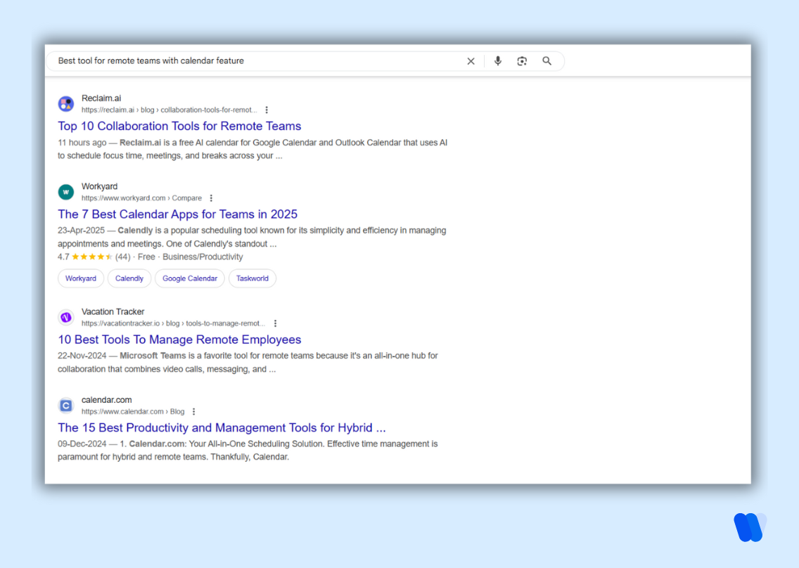 google-search-results-for-best-tool-for-remote-teams-with-calendar-feature-depicting-transcational-intent