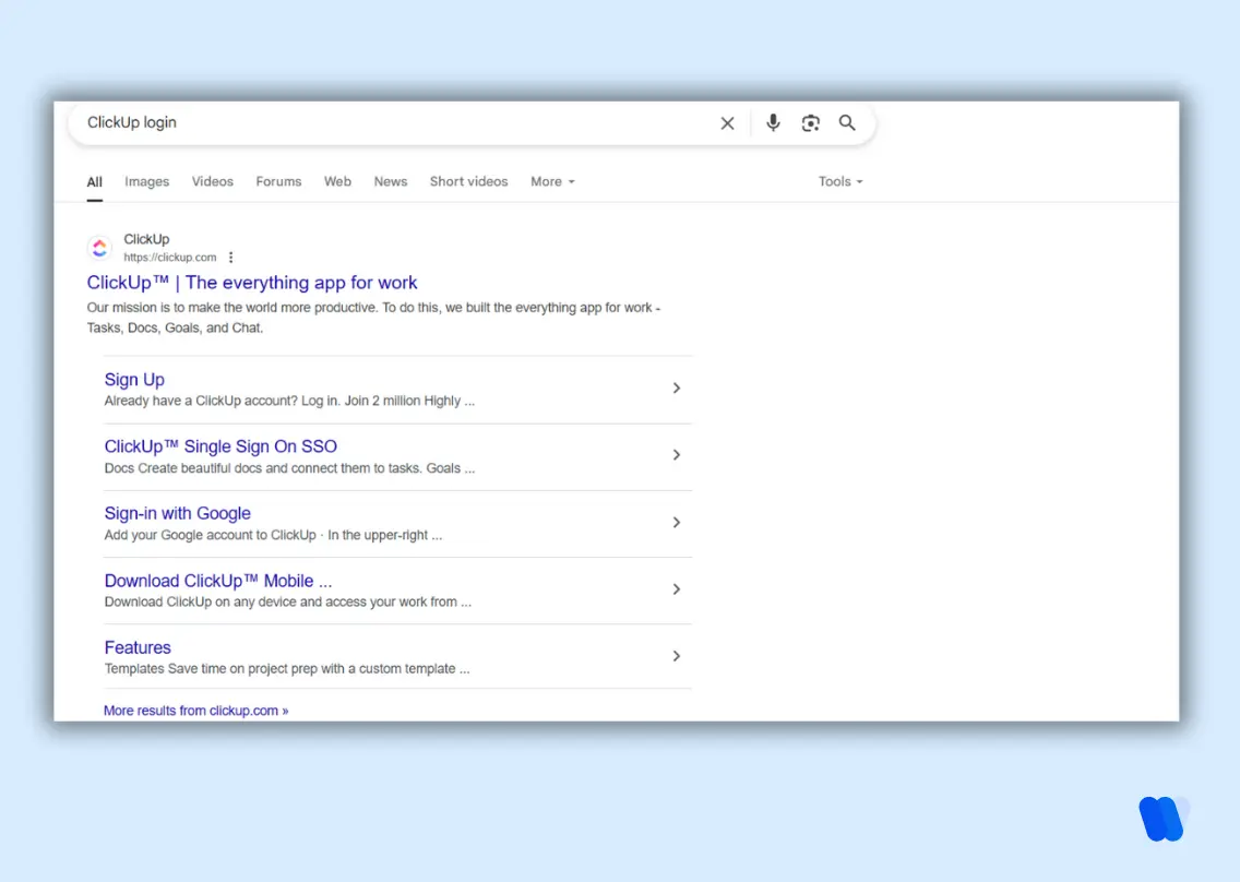 google-search-result-for-clickup-login-depicting-navigational-intent