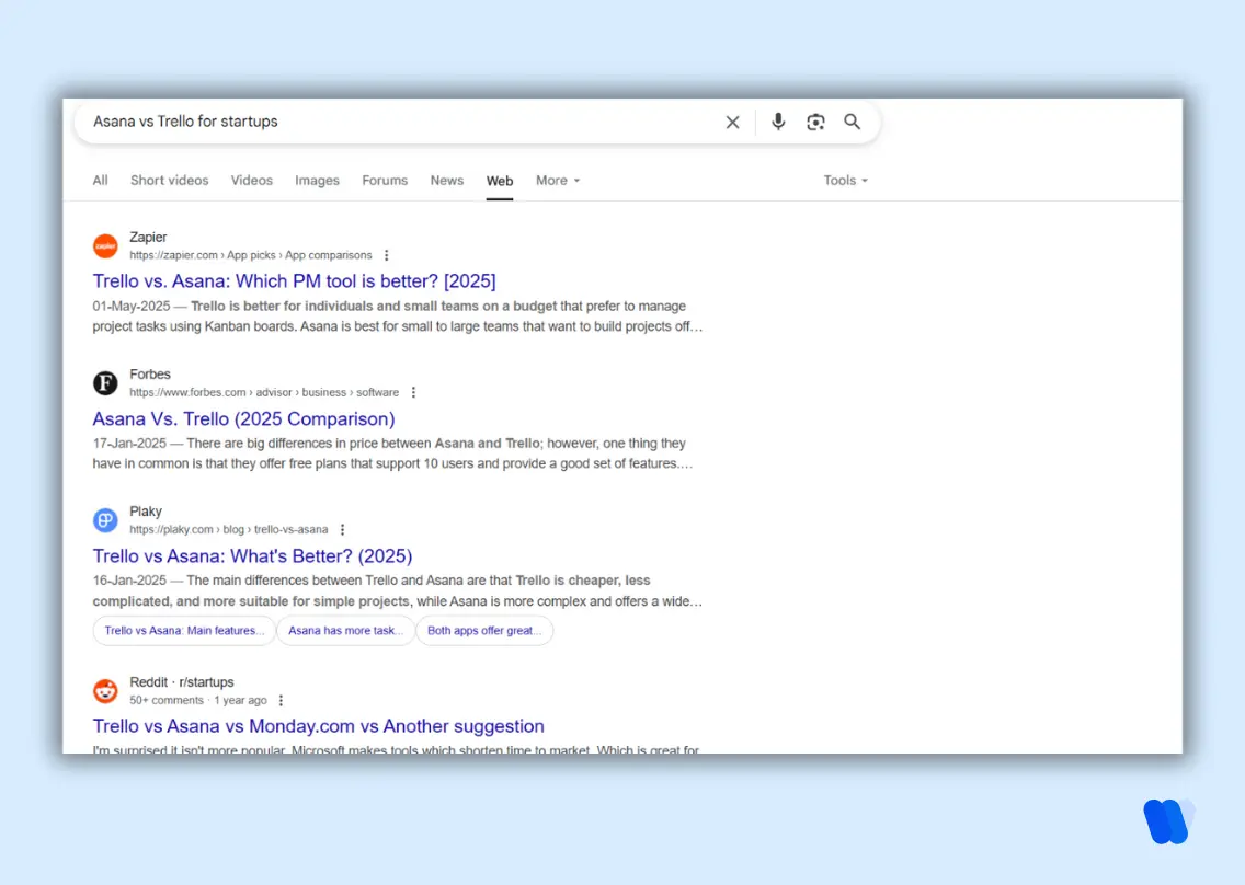 google-search-results-for-asana-vs-trello-for-startups-depicting-commercial-intent