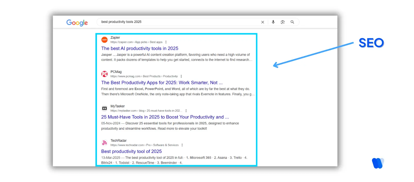google-search-results-page-showing-seo-based-rankings-for-query-best-productivity-tools-2025-with-highlighted-websites