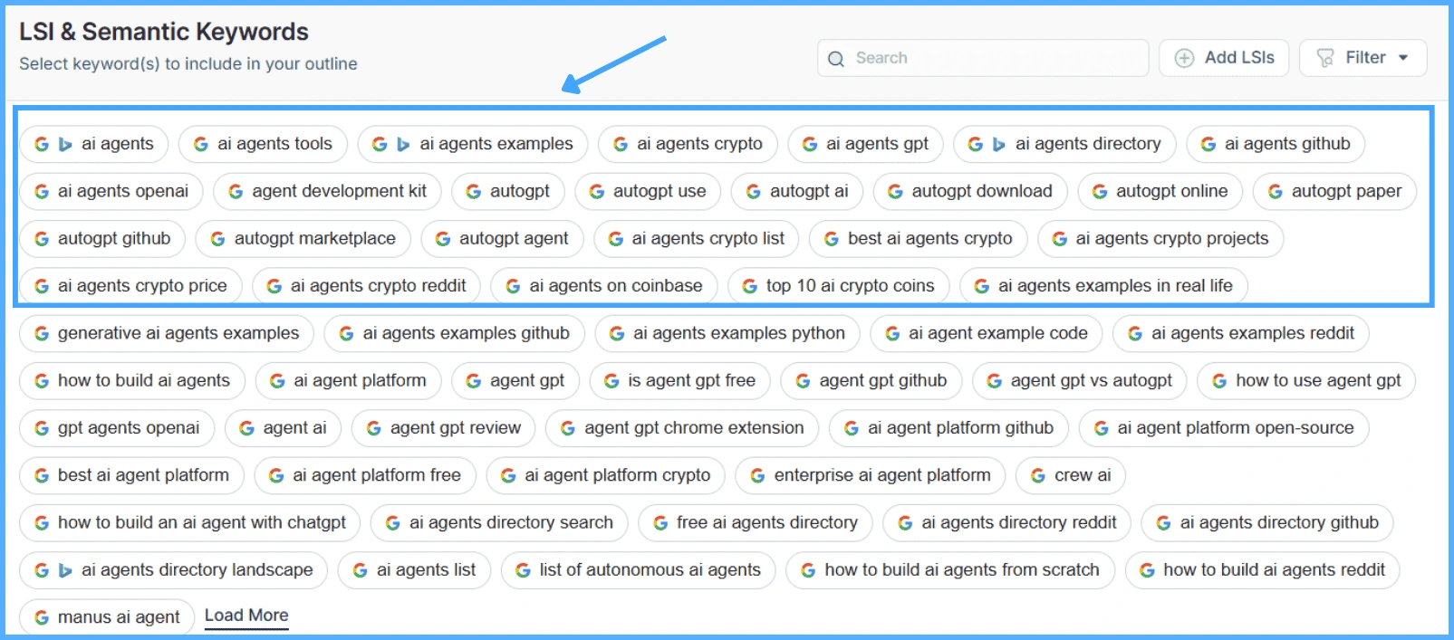 Discover related LSI keywords within the KIVA dashboard