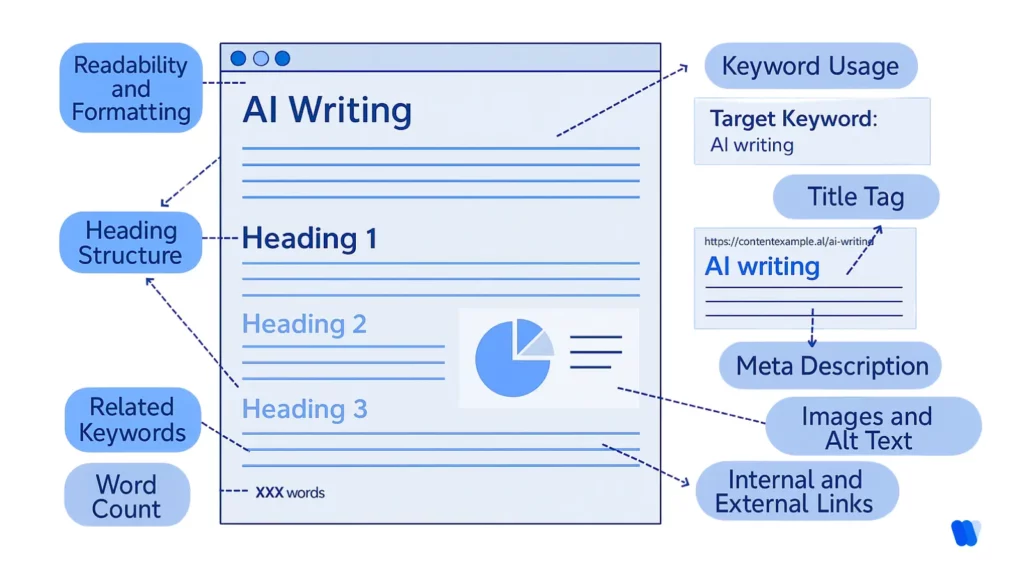 AI-writing-content-GEO-checklist-showing-title-tag-keyword-usage-meta-description-readability-heading-structure-alt-text-word-count-and-links
