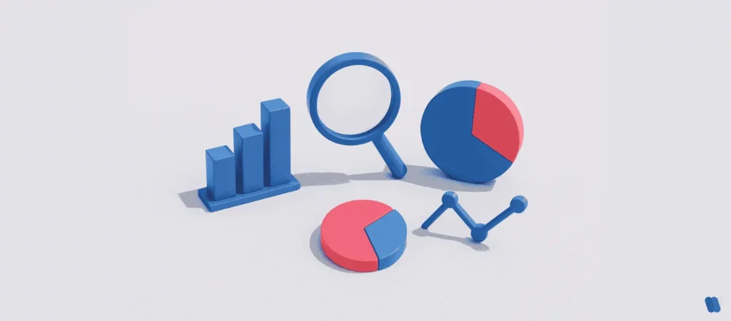 Magnifying glass with bar graph, pie chart, and SEO data