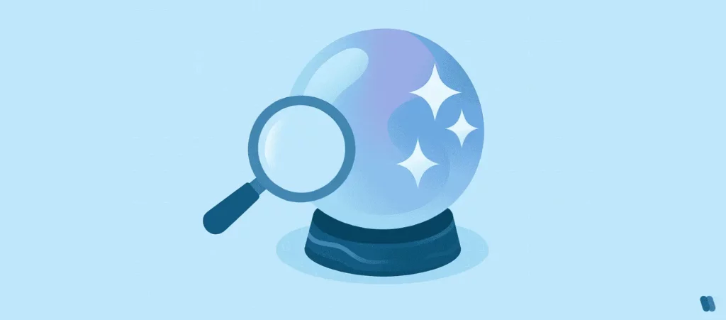 Magnifying glass over crystal ball predicting SEO search trends