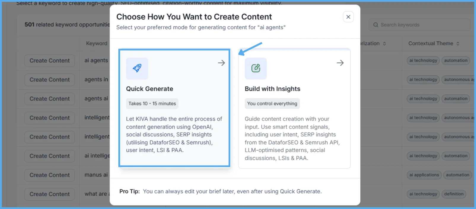 Workflow visual showing Quick Generate inside KIVA
