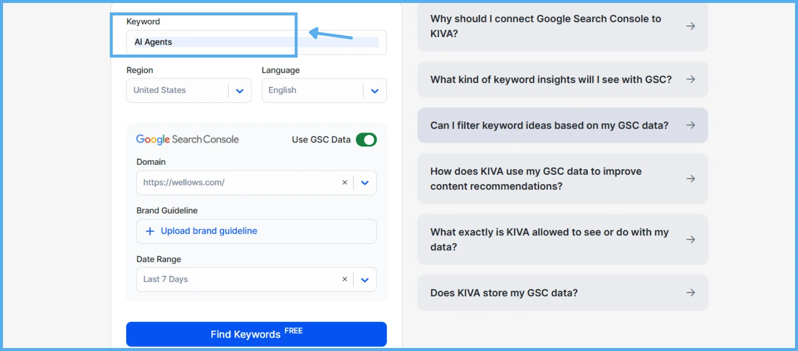 Entering a keyword inside KIVA