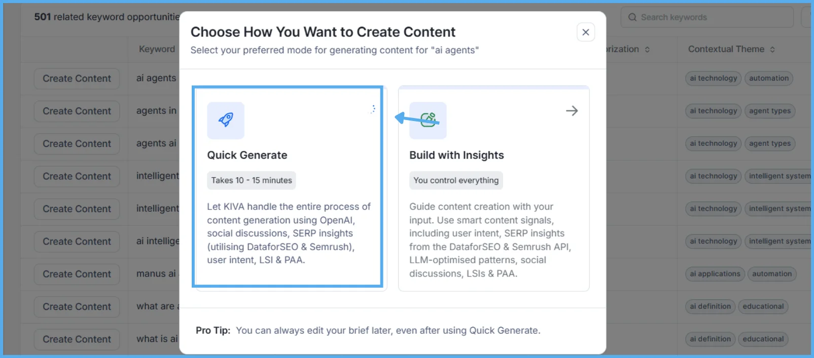 Selecting Quick Generate inside KIVA
