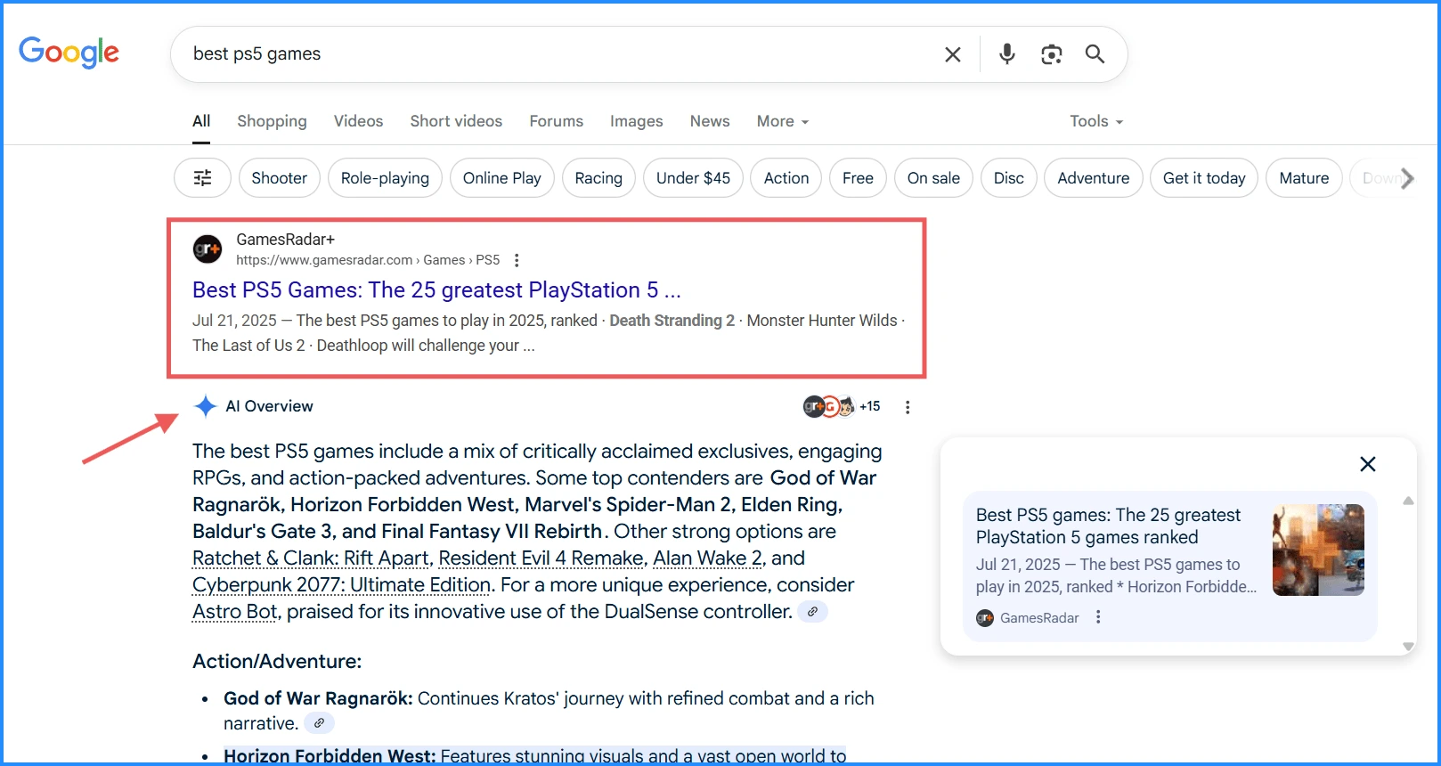 google-search-results-for-best-ps5-games-showing-gamesradar-article-ranking-above-ai-overview-summary-box