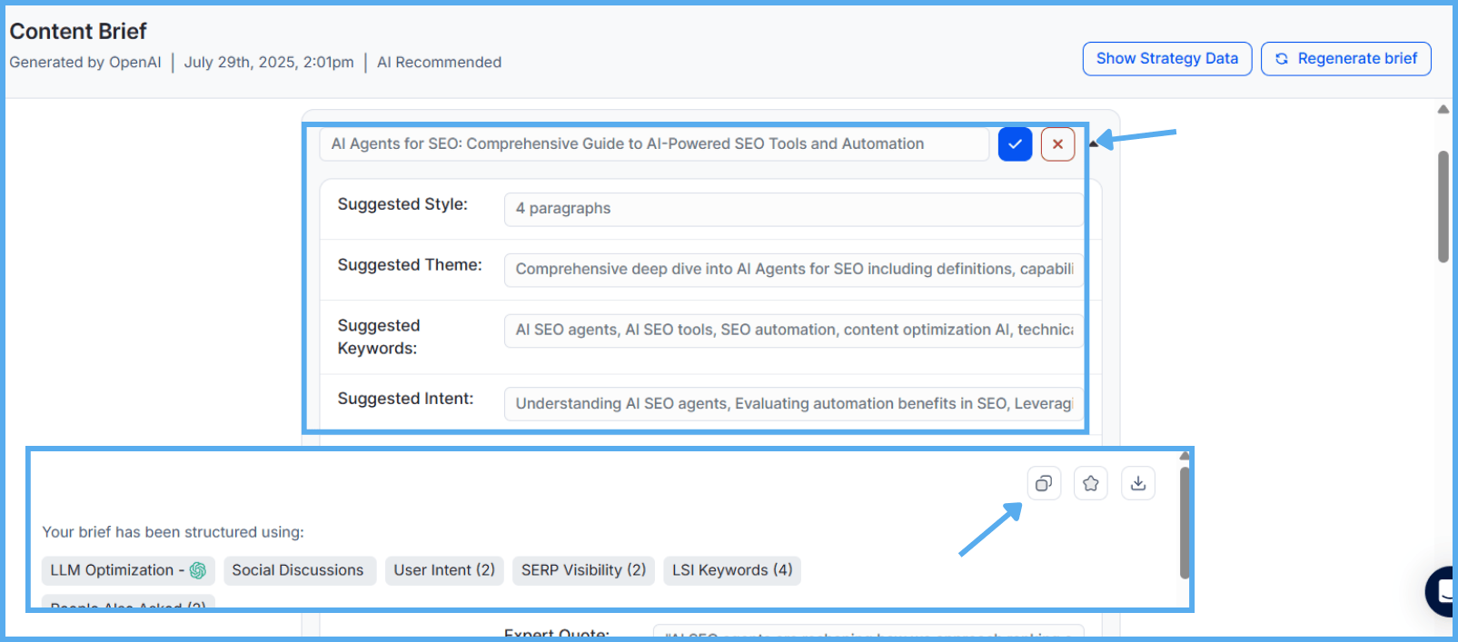 Editable content brief inside KIVA