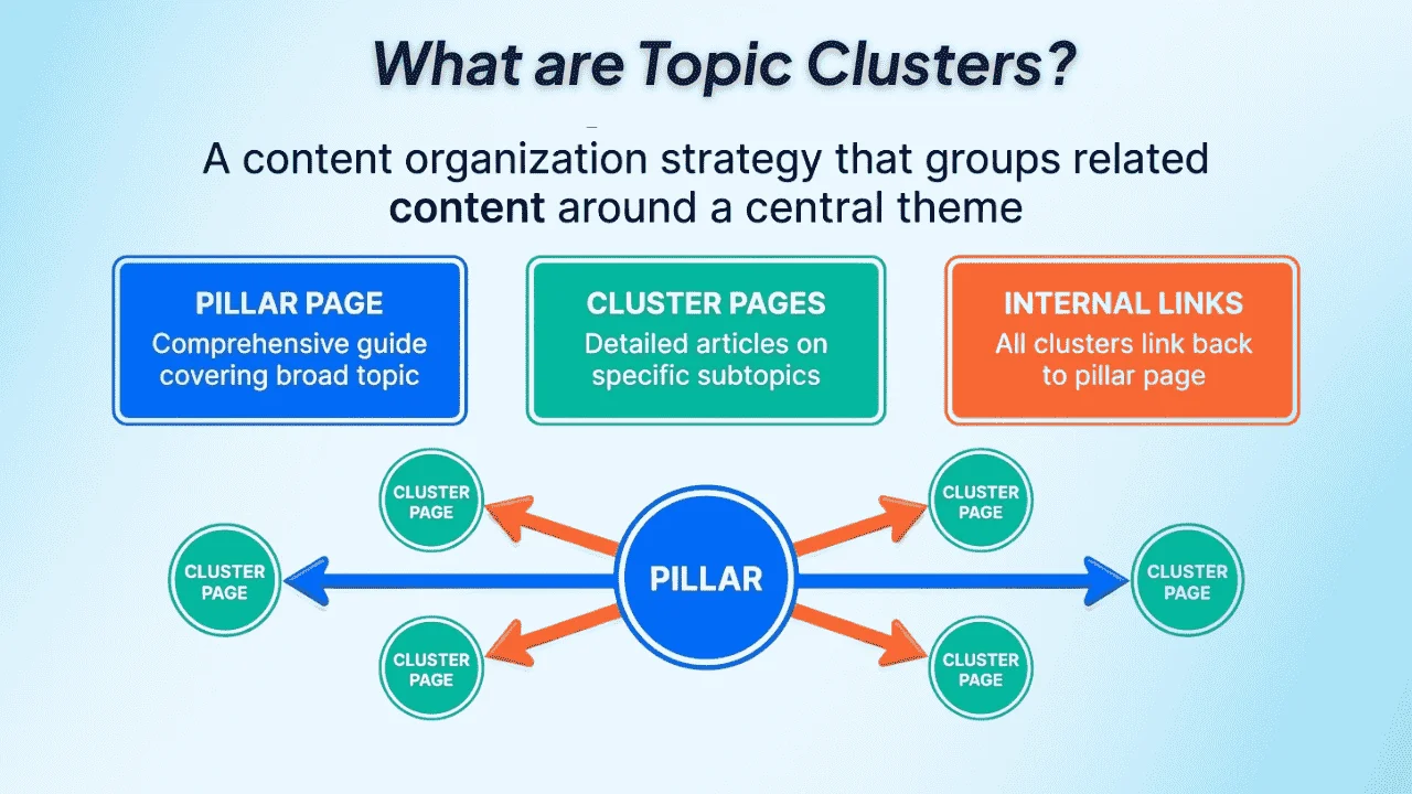 what-are-topic-clusters-in-seo-readable-infographic-with-large-text-showing-pillar-page-cluster-pages-internal-links-and-hub-spoke-diagram
