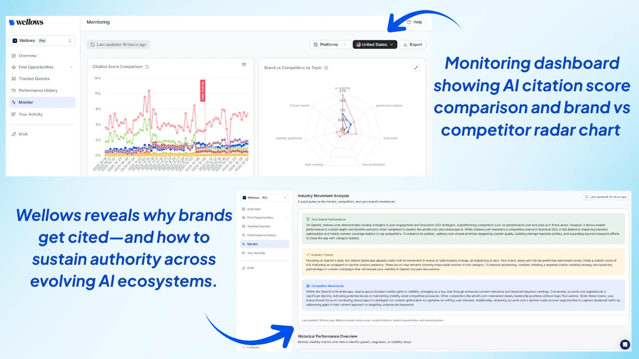 wellows-monitoring-dashboard-showing-ai-citation-score-comparison-and-brand-vs-competitor-radar-chart