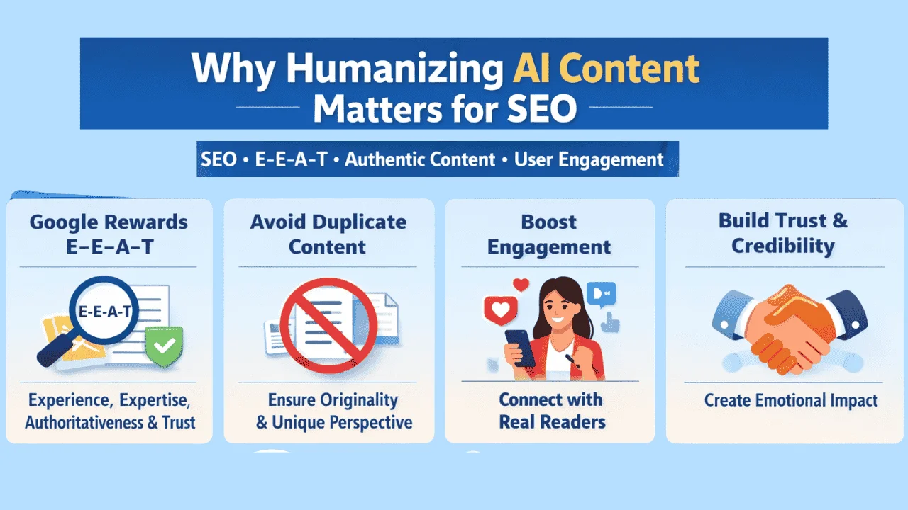 why-humanizing-ai-content-matters-for-seo-infographic-showing-eeat-user-engagement-originality-and-trust-building-between-ai-and-humans