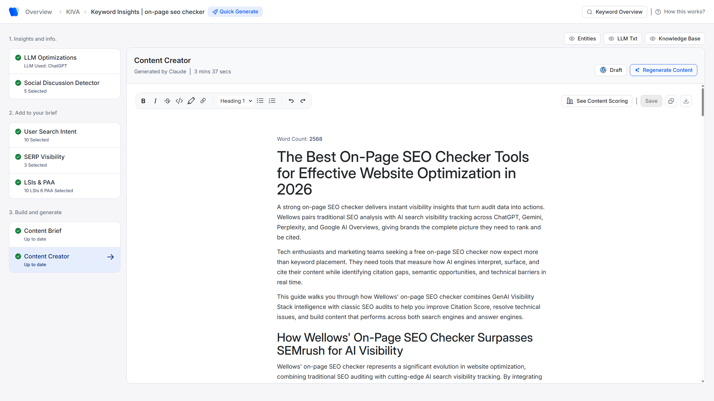 Wellows Content Creation showing AI-optimized briefs