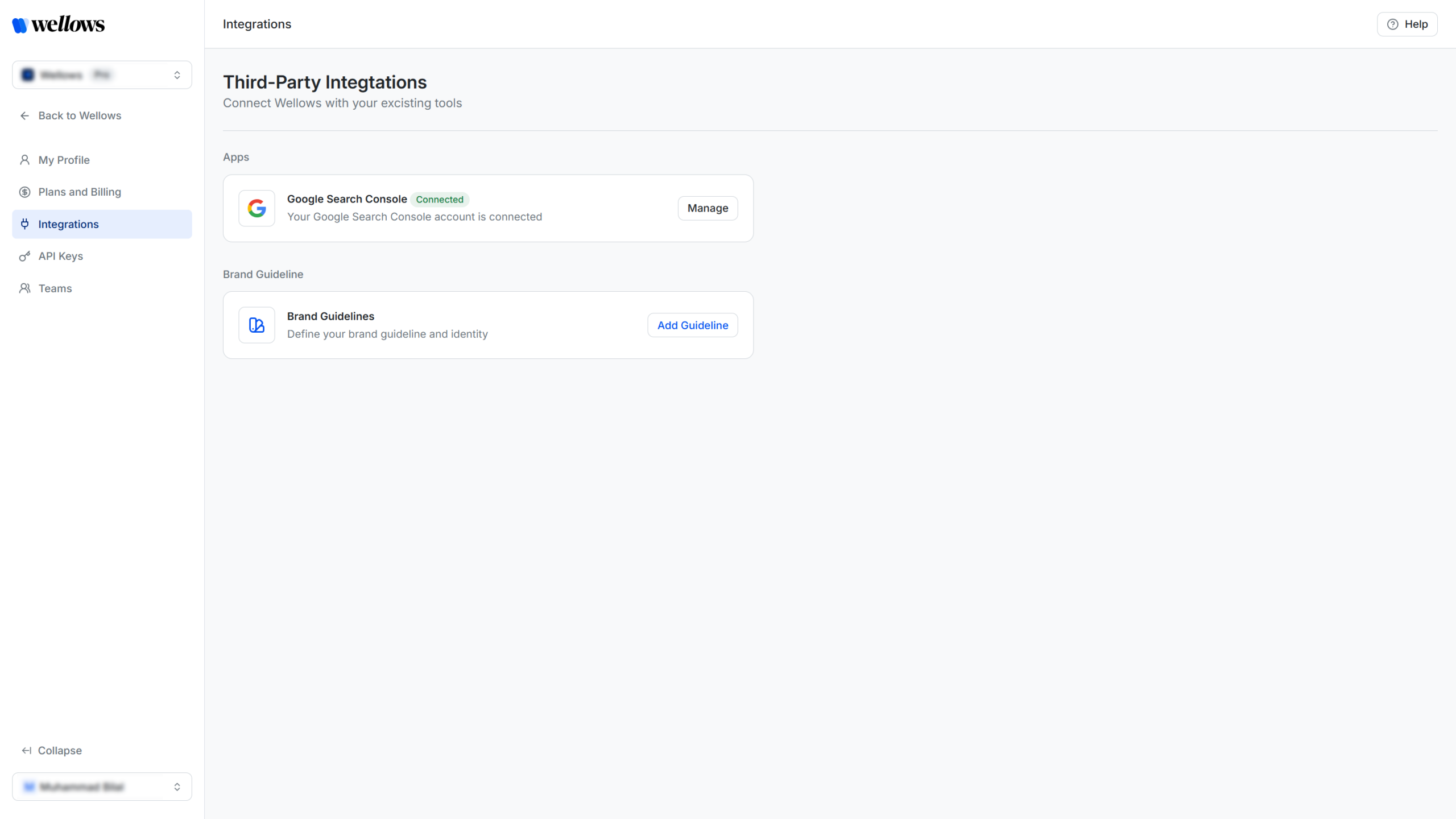 Wellows Integrations dashboard