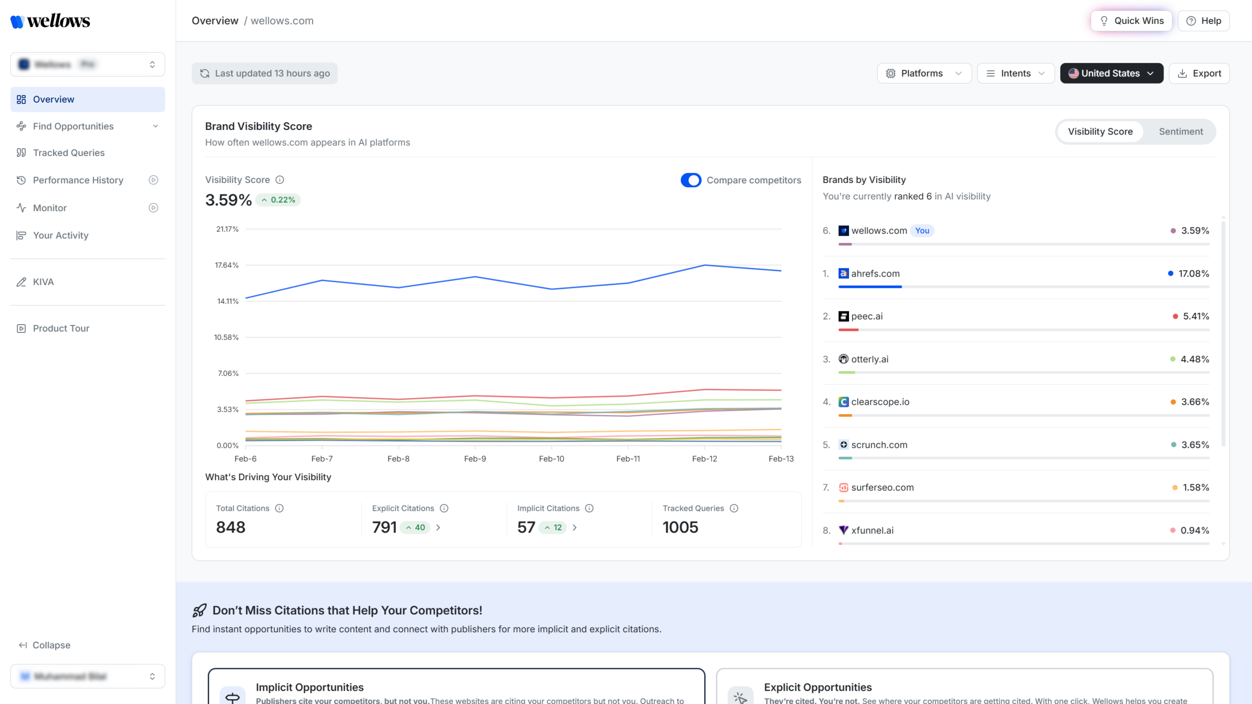 Wellows LLM Visibility tracking dashboard