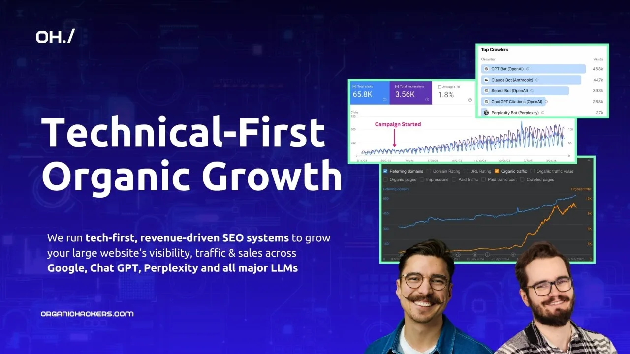 Organic Hackers promotional graphic showing its technical-first organic growth positioning, founders, and example analytics charts.