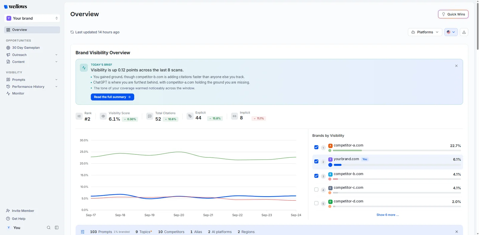 Wellows overview with today's brief, rank #2, visibility score, explicit and implicit citations, and brands ranked by visibility